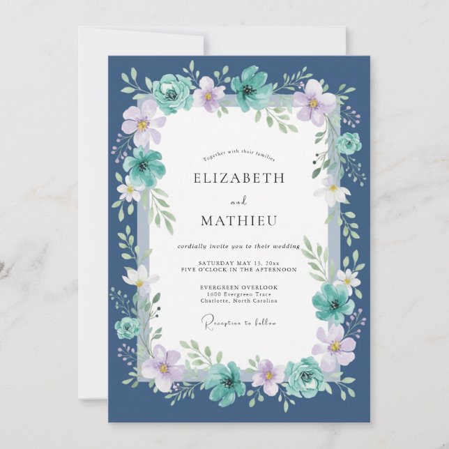 Convites Casamento Pintado Lilás Teal Meia-Noite (Frente)