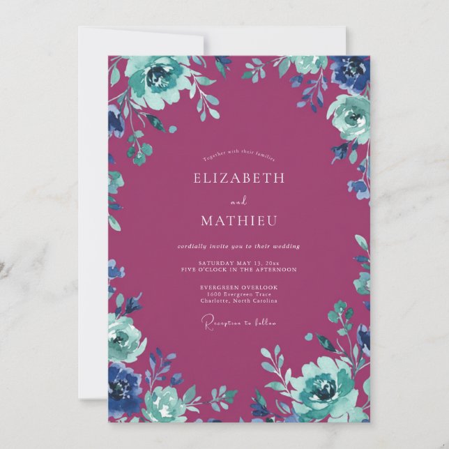 Convites Casamento Pintado Magenta Teal Pressionado (Frente)