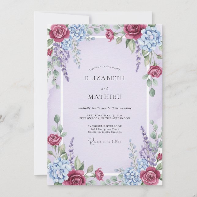 Convites Casamento Pintado Merlot Lilás (Frente)