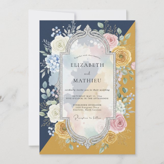 Convites Casamento Pintado Mostarda Meia-Noite (Frente)