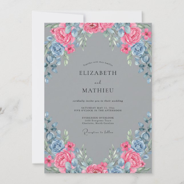 Convites Casamento Pintado Rosa Azul (Frente)