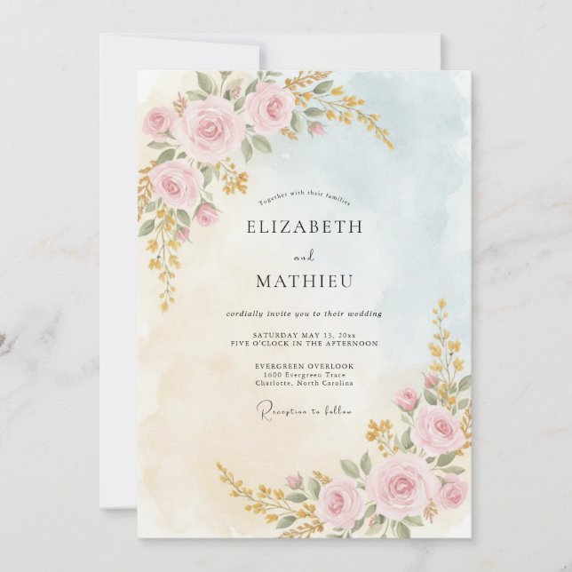 Convites Casamento Pintado Rosa Pétala Pálida (Frente)