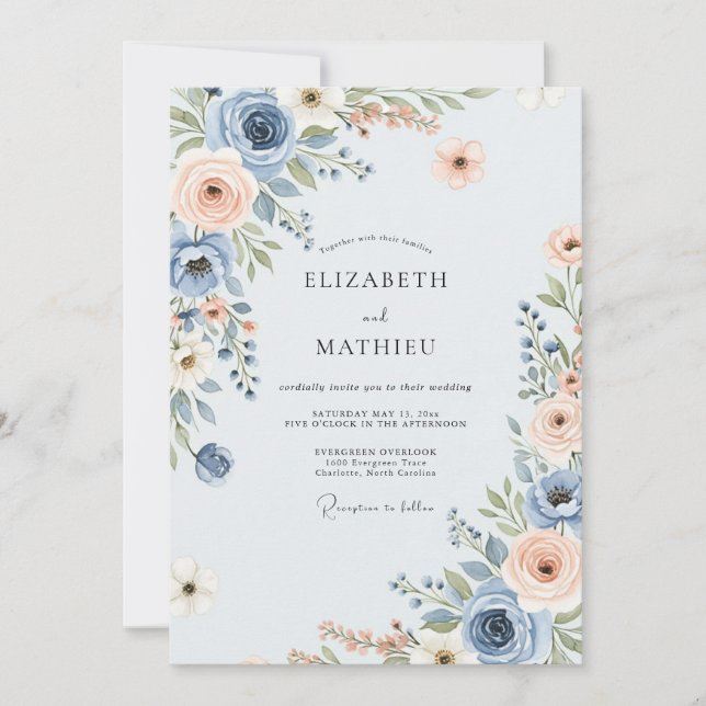 Convites Casamento Pitoresco de Primavera em Azul Empoeirad (Frente)