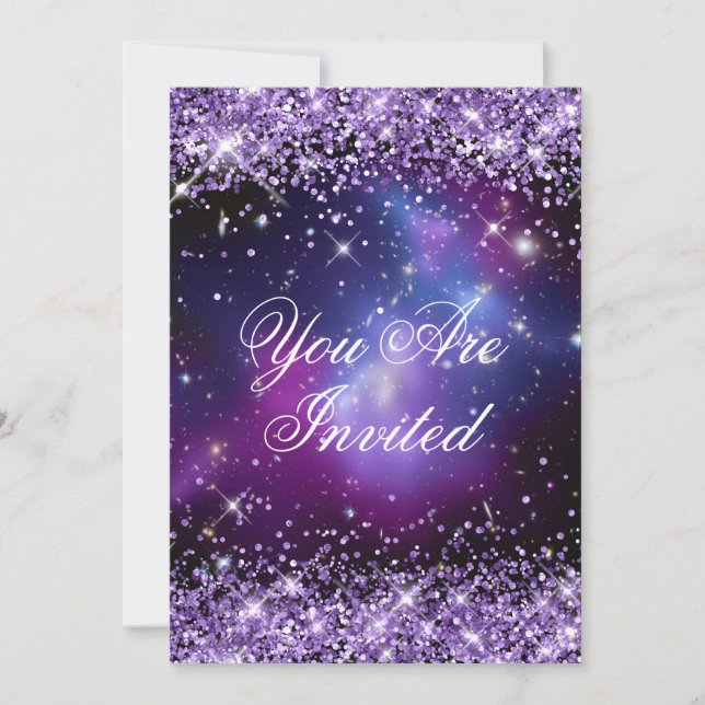 Convites Casamento Planetário Galáxia Glitter Roxo (Frente)