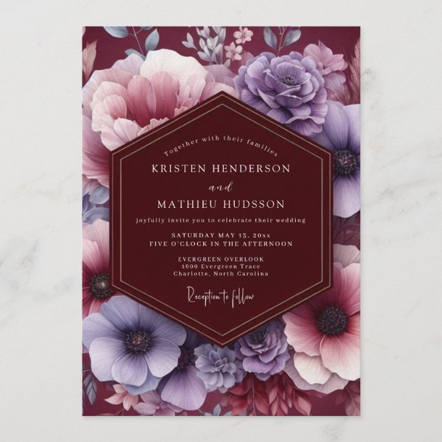 Convites Casamento Plum & Blush Moody Bloom (Frente)