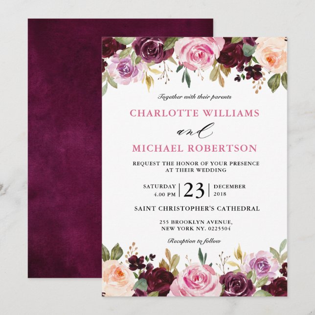 Convites Casamento Plum Purple Blush Botânico De Cor Rosa (Frente/Verso)