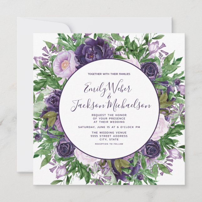 Convites Casamento Plum Purple Lavanda Floral Greenery (Frente)