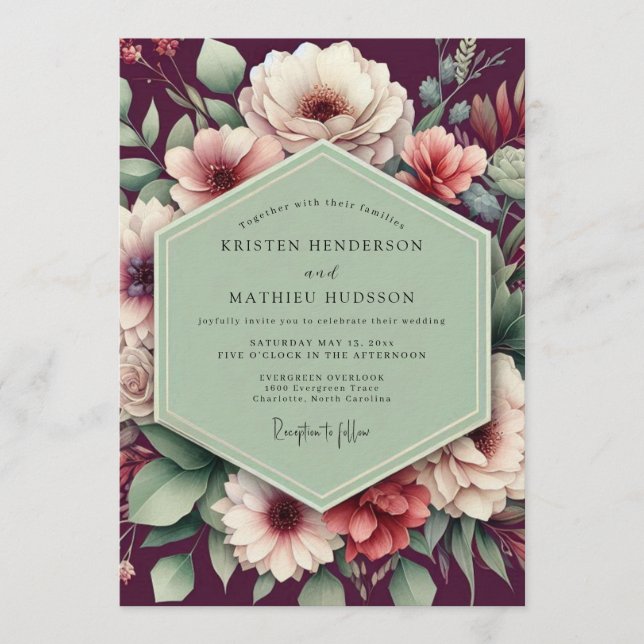 Convites Casamento Plum Sage Moody Bloom (Frente)