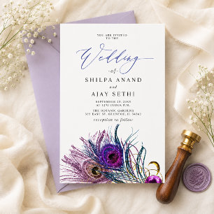 Convites Casamento Pluma de Pavão Azul Roxo Dourado Brilhan