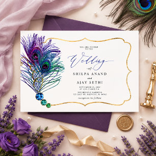 Convites Casamento Pluma de Pavão Azul Roxo Dourado Brilhan