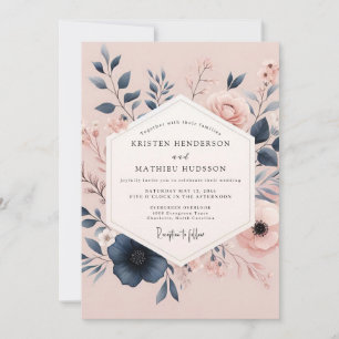 Convites Casamento Poético Blush & Navy Bloom