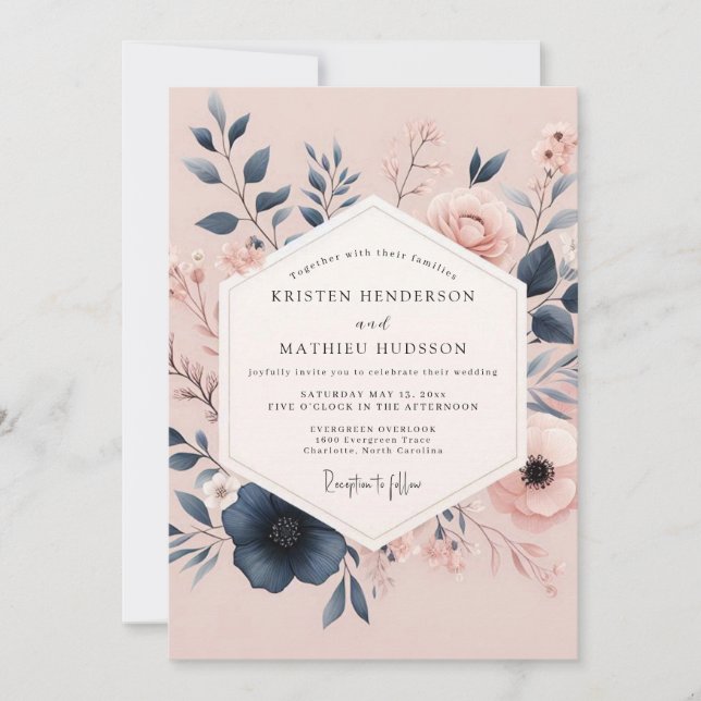 Convites Casamento Poético Blush & Navy Bloom (Frente)