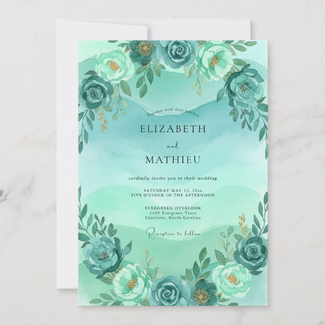 Convites Casamento Poético com Aquarela Azul-Verde (Frente)