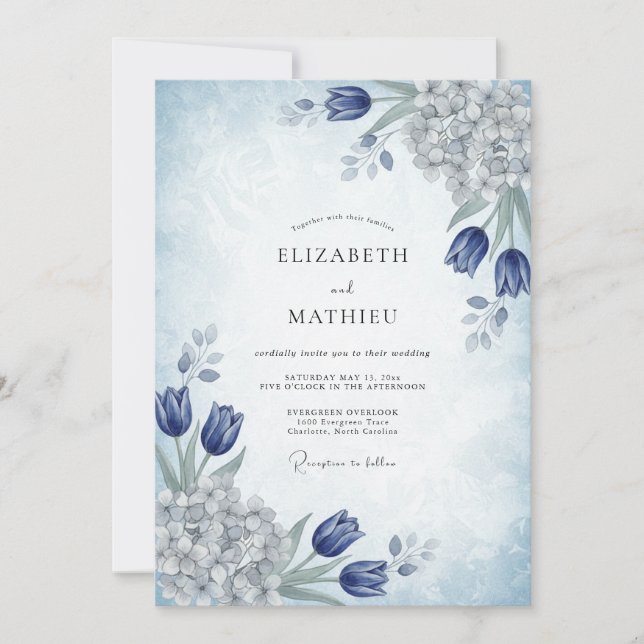 Convites Casamento Poético de Primavera em Azul Aço (Frente)