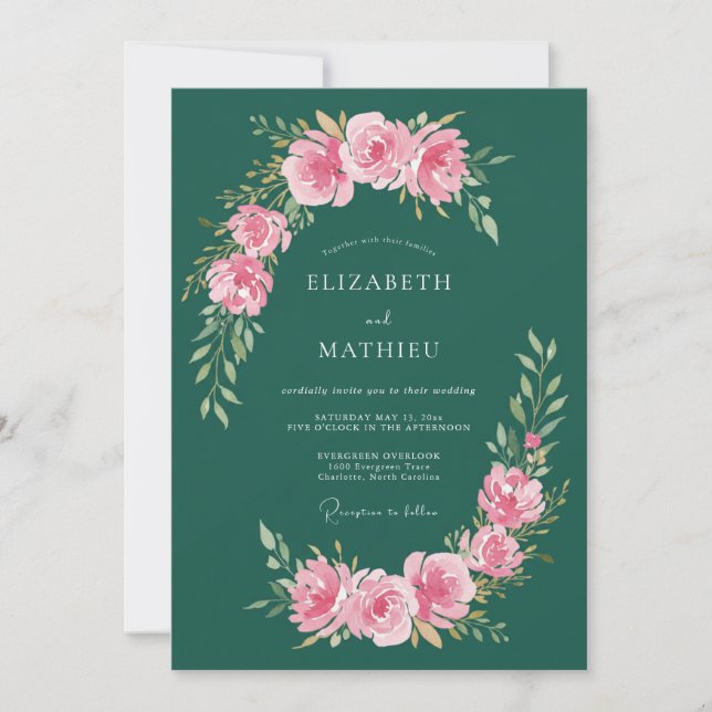 Convites Casamento Poético de Primavera em Verde Esmeralda (Frente)