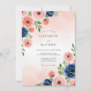 Convites Casamento Poético em Aquarela Rosa Bege Azul Marin