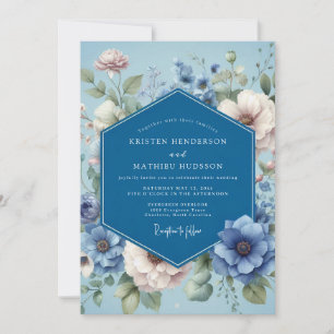Convites Casamento Poético Flora Azul Desbotado