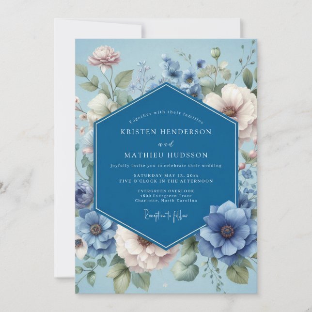 Convites Casamento Poético Flora Azul Desbotado (Frente)