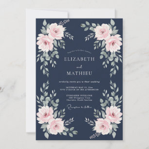 Convites Casamento Poético Rosa Azul-Marinho