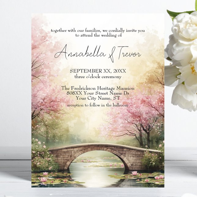 Convites Casamento Ponte de Aquarela Romântica & Flores Cor (Criador carregado)