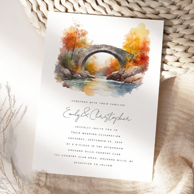 Convites Casamento Ponte de Outono Rústica Aquarela (Criador carregado)