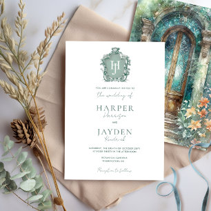 Convites Casamento por Aquarela Chic Monograma Verde, Teal 