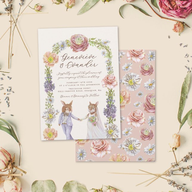 Convites Casamento Por Aquarela Com Coelhinho Rosa Quente C (Illustrated boho bunny rabbit wedding themed wedding invitation with watercolor floral frame)