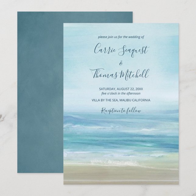 Convites Casamento por Aquarela de Abstrato de Praia do Oce (Frente/Verso)