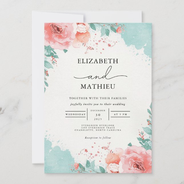 Convites Casamento por Aquarela de Blush Bloom (Frente)