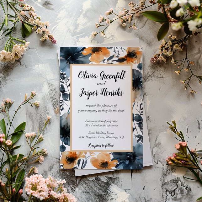 Convites Casamento por Aquarela de Flores Negras e Laranja (Criador carregado)