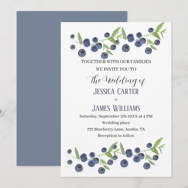 Convites Casamento por Aquarela de Fruta Blueberry (Frente/Verso)