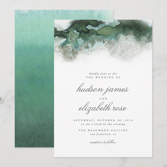 Convites Casamento por Aquarela de Ombre Verde do Oceano El (Frente/Verso)