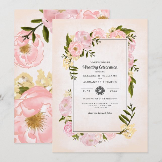 Convites Casamento por Aquarela de Peônias Rosa Escamosas (Frente/Verso)
