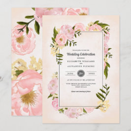 Convites Casamento por Aquarela de Peônias Rosa Escamosas