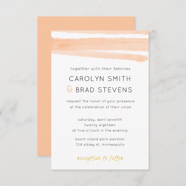 Convites Casamento por Aquarela Dourada com Blush (Frente/Verso)