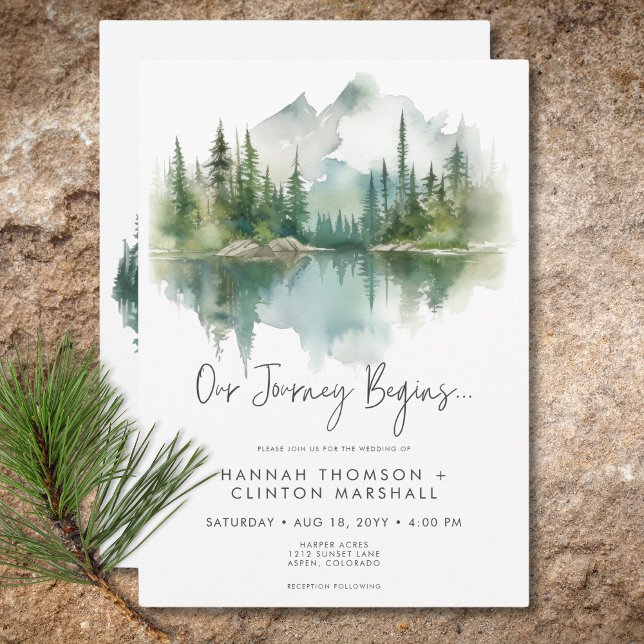 Convites Casamento por Aquarela Rustic Mountain Lake Scene (Rustic Mountain Lake Scene Watercolor Wedding Invitation)