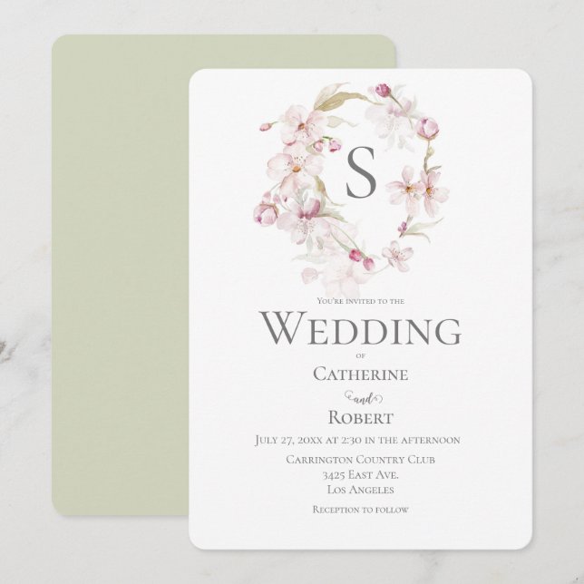 Convites Casamento por Aquarela Verde com Script Floral Mon (Frente/Verso)