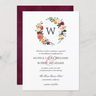 Convites Casamento por Monograma de Wreath Floral de Countr