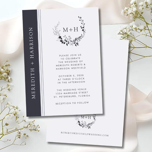 Convites Casamento por morte do monograma branco e preto (Monogram Wreath Black and White Inked Botanical Wedding Invitation)