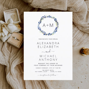Convites Casamento por terra floral azul monograma Dusty