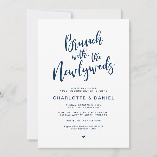 Convites Casamento poste, Brunch com recém-casados, Marinho (Frente)