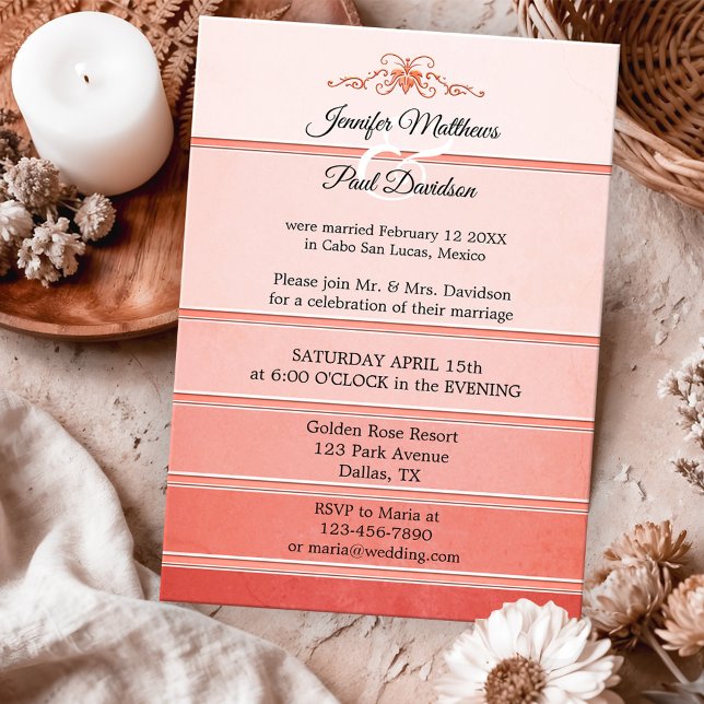 Convites Casamento Poste Coral Rosa Ton sur Ton Striped (After wedding or post wedding invitation featuring a ton sur ton coral and pink striped design)