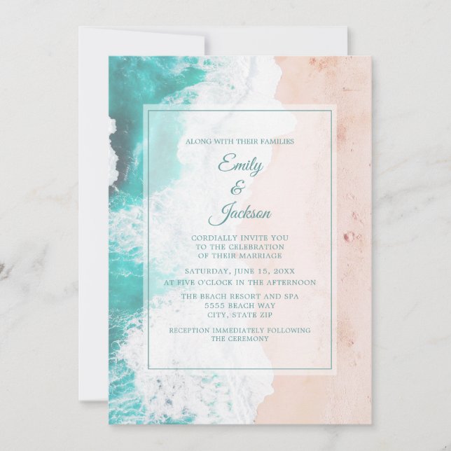 Convites Casamento Praia Oceano Tropical Turquesa Branco Ma (Frente)