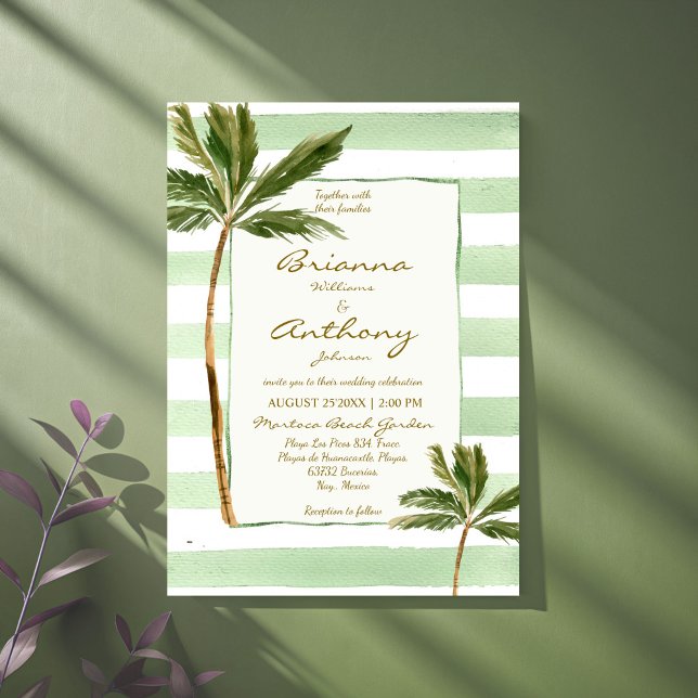 Convites Casamento praial de listras verdes (Green stripes palms handrawn retro beach wedding invitation cards template instant download)