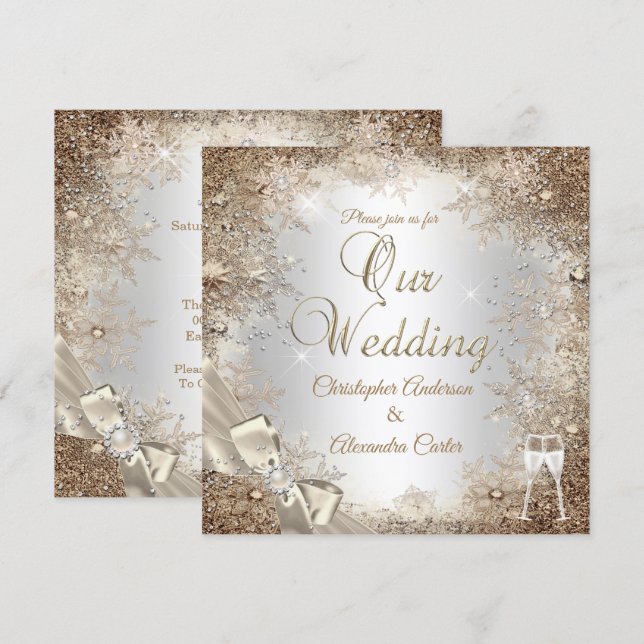 Convites Casamento Prata Bege Creme Pérola Arco Floco de Ne (Frente/Verso)