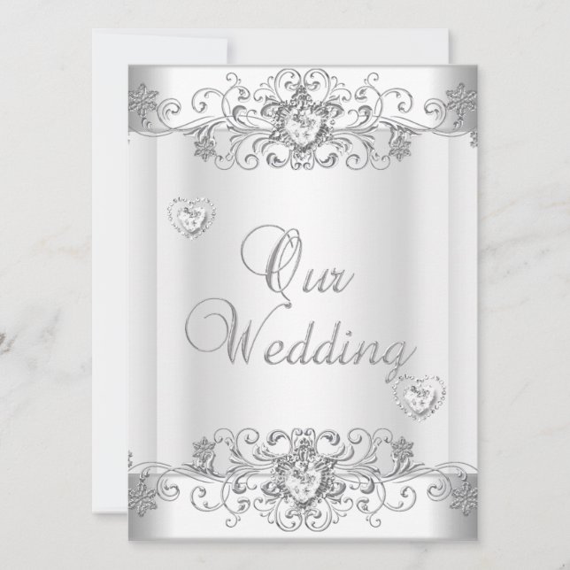Convites Casamento Prata Branco Diamante Corações (Frente)