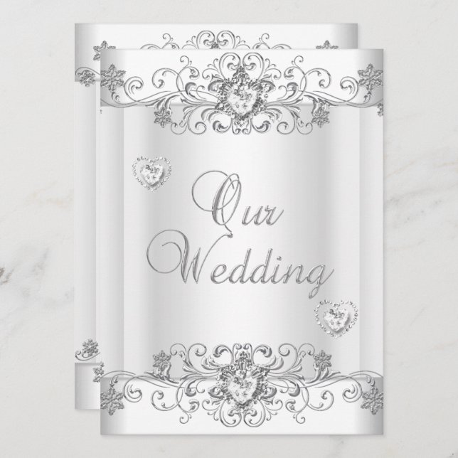 Convites Casamento Prata Branco Diamante Corações (Frente/Verso)