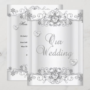 Convites Casamento Prata Branco Diamante Corações