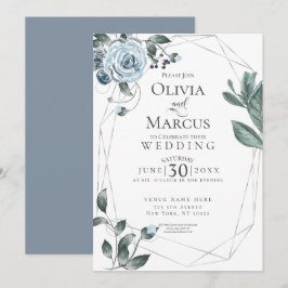 Convites CASAMENTO | Prata Floral de Cor Azul Dusty