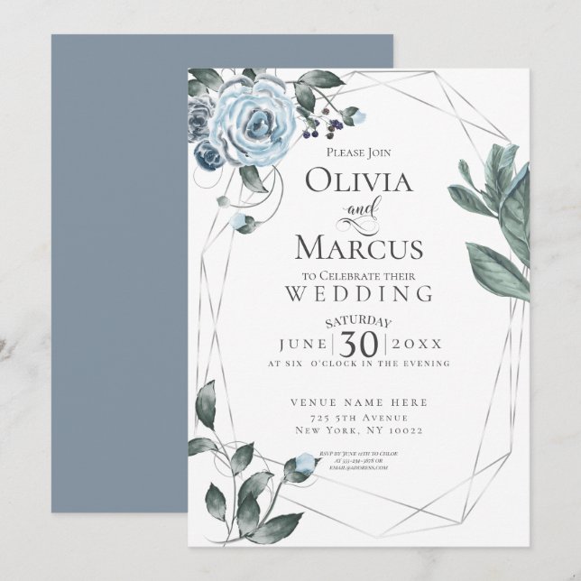 Convites CASAMENTO | Prata Floral de Cor Azul Dusty (Frente/Verso)